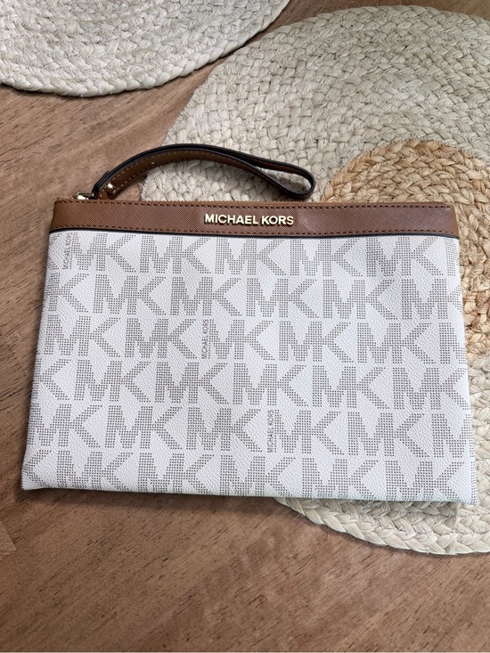 Michael Kors Handbags - Michael Kors White and Brown MK Logo Wristlet Pouch